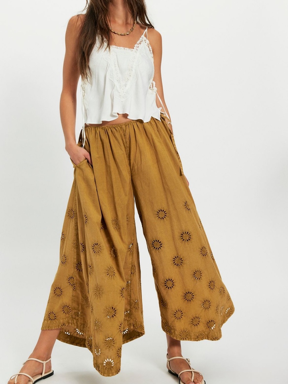 Free People Eyelet pull on Wide-Leg Palazzo Pants aged gold